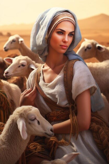 A woman in a blue robe stands among the sheep.