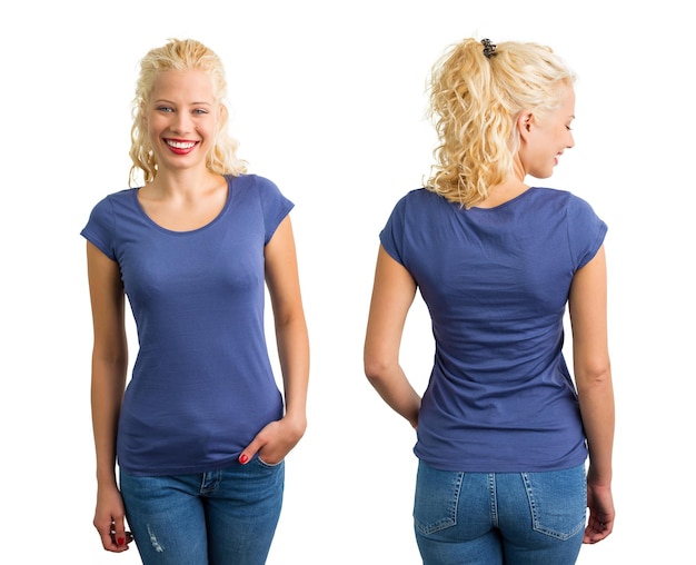 Photo woman in blue round neck tshirt