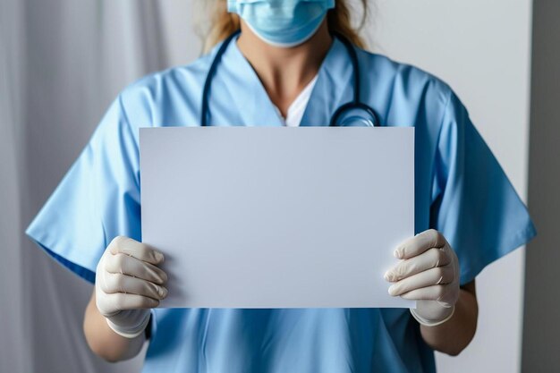 Photo a woman in a blue scrub suit holding a white sign