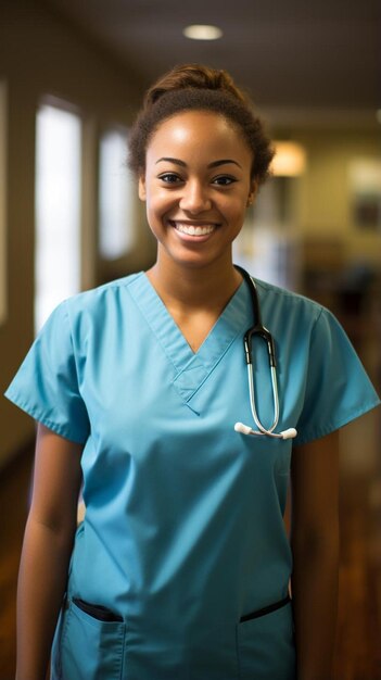 Photo a woman in a blue scrub with a stethoscope on her neck