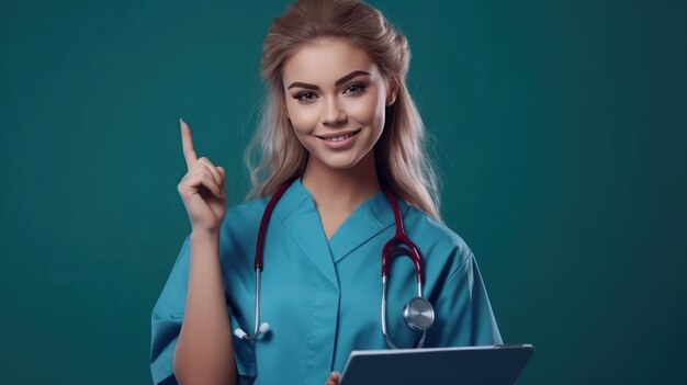 A woman in a blue scrubs holds a clipboard with the word doctor on it.