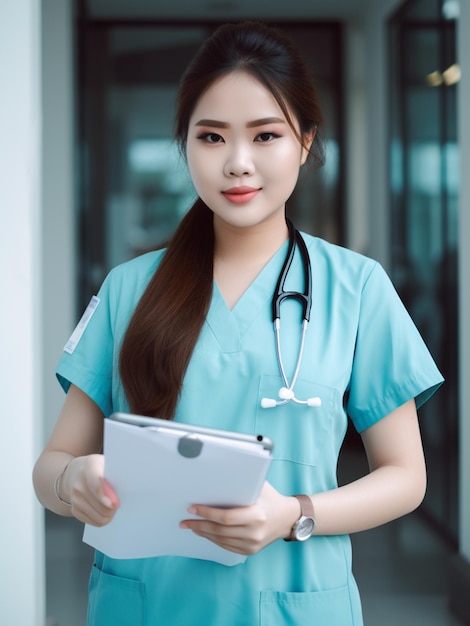 A woman in a blue scrubs holds a tablet in her hand.