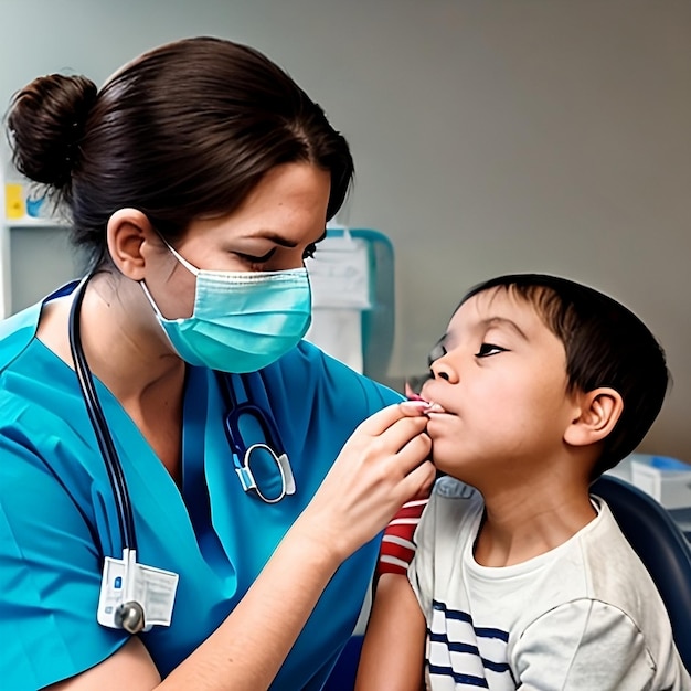 A woman in a blue scrubs is giving a boy a high fever