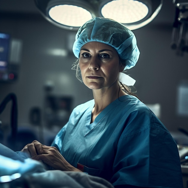 A woman in a blue scrubs sits in a dark room with a light on.