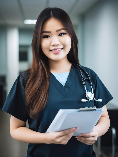 Photo a woman in a blue scrubs smiles at the camera.