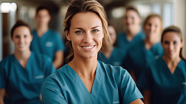 a woman in blue scrubs stands in front of a group of people