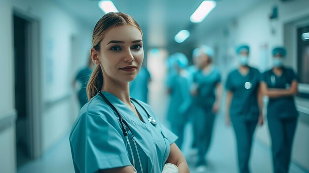 a woman in blue scrubs stands in a hospital corridor