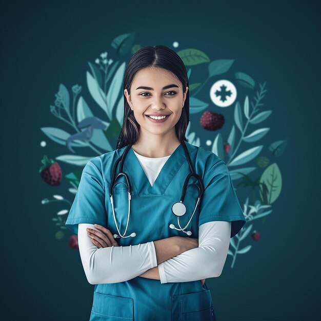 a woman in a blue scrubs uniform with a stethoscope on the back