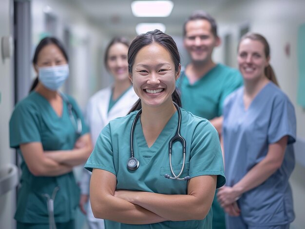 Photo a woman in a blue scrubs with a stethoscope around her neck