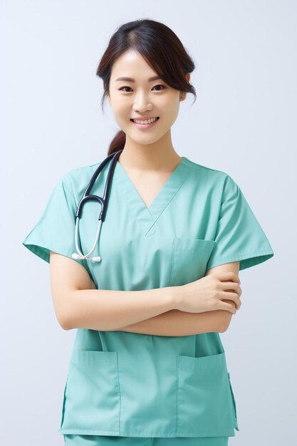 Photo a woman in a blue scrubs with a stethoscope on her neck