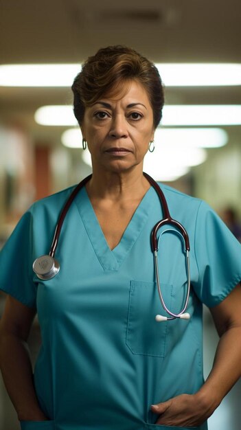 Photo a woman in a blue scrubs with a stethoscope on her neck