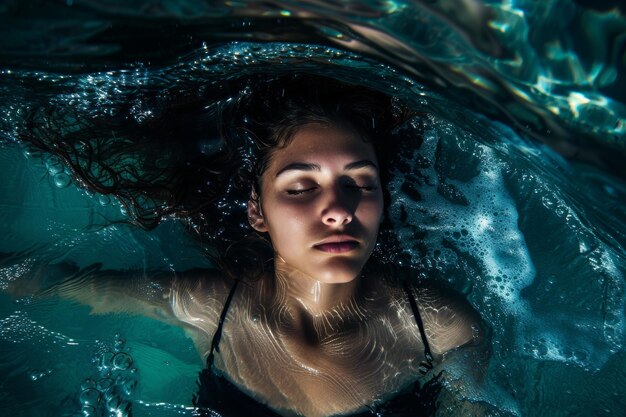 Photo woman in the blue sea ariel view holidays concept