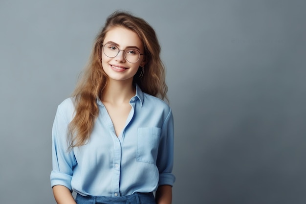 A woman in a blue shirt and glasses stands on a gray background.