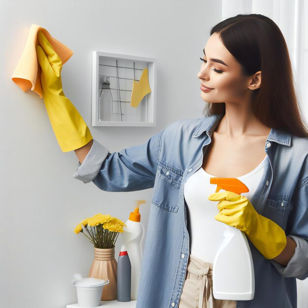 a woman in a blue shirt is cleaning a yellow rubber glove