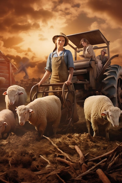 a woman in a blue shirt is on a farm with sheep