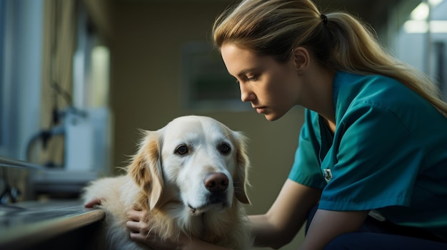 Photo a woman in a blue shirt is petting a dog