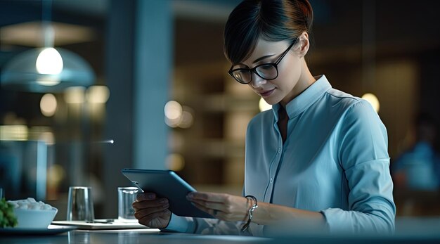 A woman in a blue shirt is using a tablet and looking at a glass of water