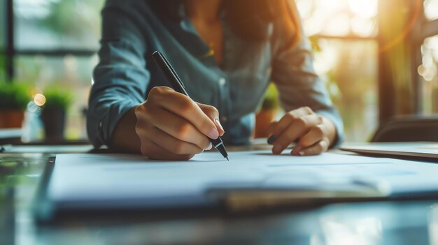 A woman in a blue shirt is writing on a piece of paper She is sitting at a desk and there is a laptop on the desk