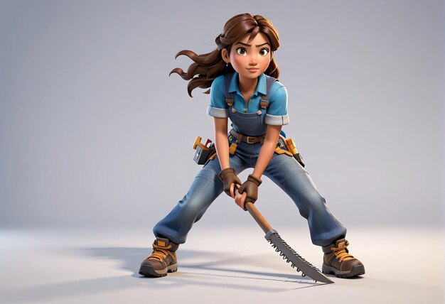 Photo a woman in a blue shirt and jeans holding a chainsaw