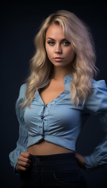 Photo a woman in a blue shirt with blonde hair