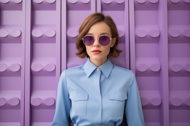 Woman in blue shirt with purple sunglasses