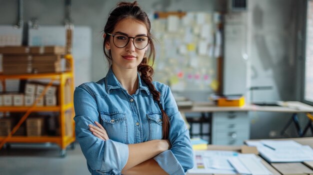 Foto una donna con una camicia blu.