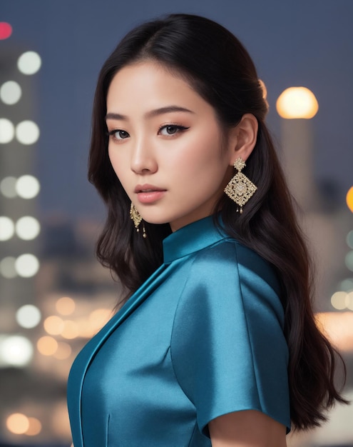 A woman in a blue silk dress stands in front of a cityscape.