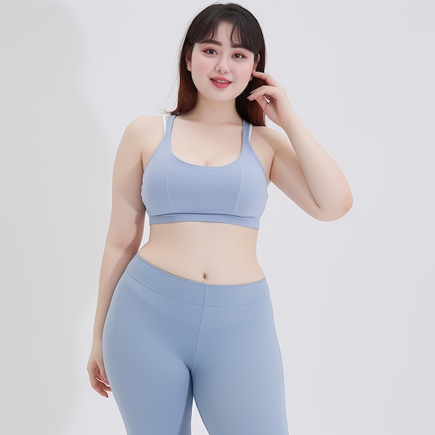 a woman in a blue sports bra is posing for a photo.