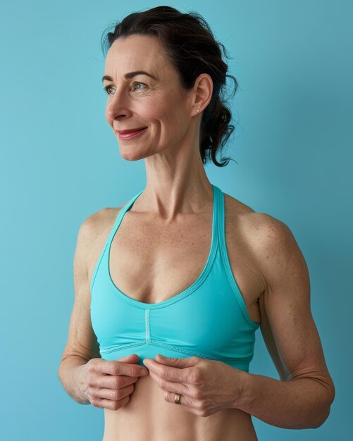 A woman in a blue sports bra top standing in front of a blue background