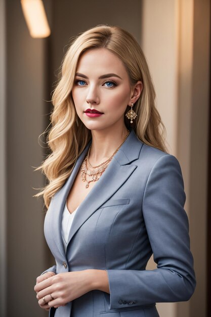 a woman in a blue suit and gold jewelry poses for a picture in a room with a wall and a window behin