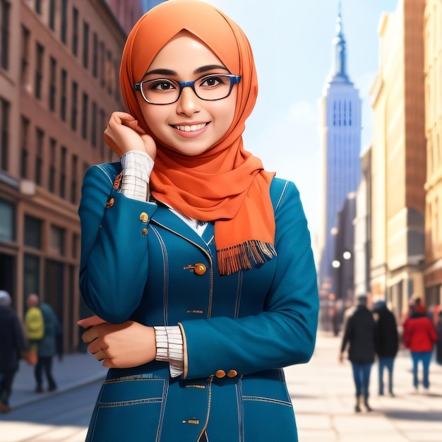 A woman in a blue suit and orange scarf stands in a street with a building in the background.