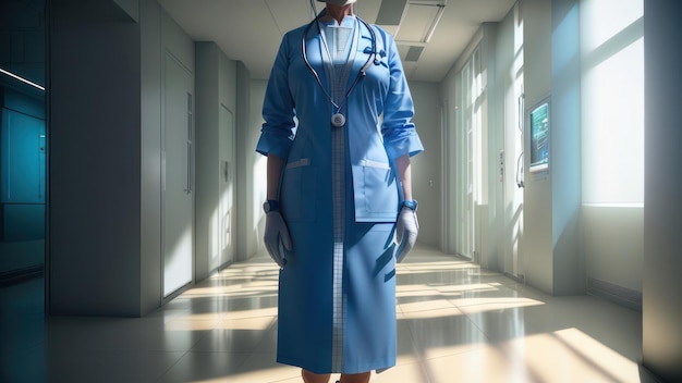 Женщина в синем костюме стоит в коридоре со светом на лице.