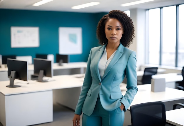 a woman in a blue suit stands in an office with a computer monitor in the background