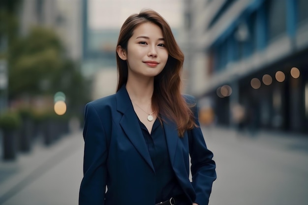 A woman in a blue suit stands in a street.