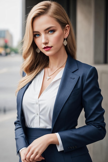 Foto una donna in abito blu e camicia bianca che posa per una foto con una collana e orecchini sul collo