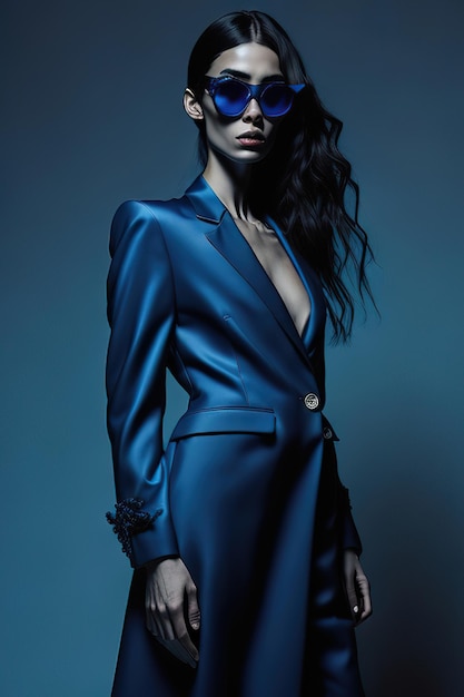 A woman in a blue suit with a black mask and a black shirt.