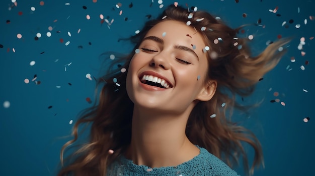 A woman in a blue sweater and a blue shirt is surrounded by confetti.