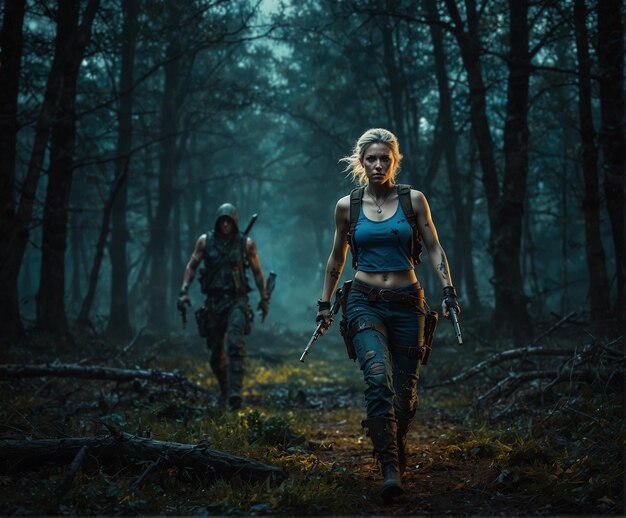 a woman in a blue tank top is walking in the woods with a gun in her hand