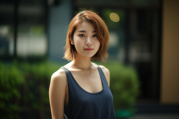 A woman in a blue tank top stands in front of a building.