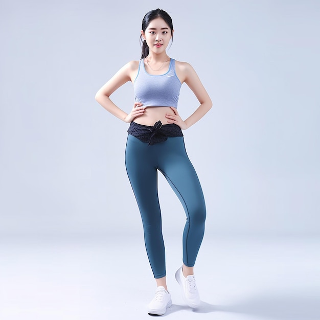 a woman in blue tights stands in front of a gray background.