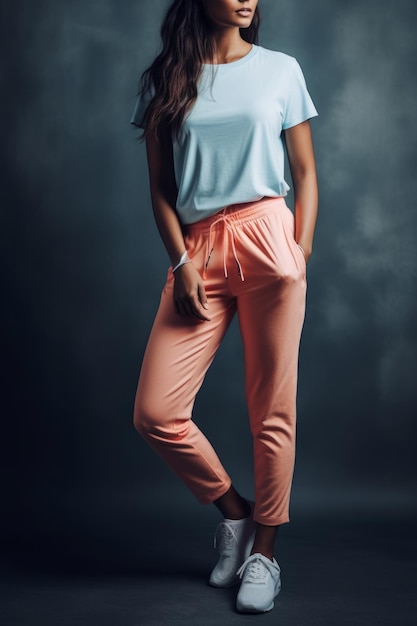 A woman in a blue top and orange pants stands against a dark background.