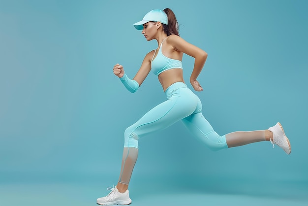 Photo a woman in a blue top and a white visor is running