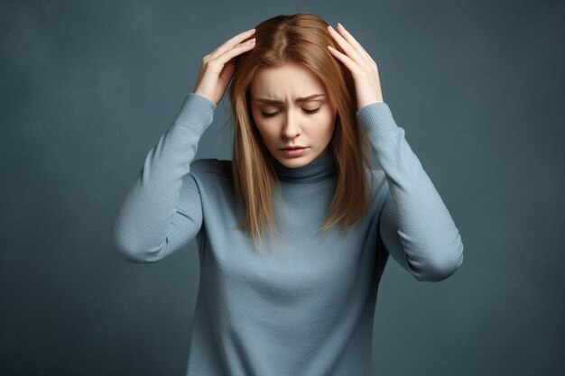 a woman in a blue turtle neck sweater holding her head