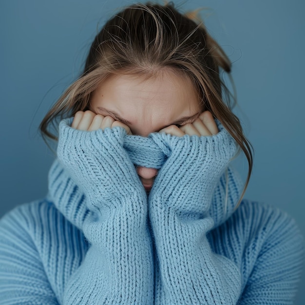 Woman in blue turtleneck knitted sweater sadly looking at camera while covering sad face Feelings of