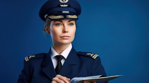 A woman in a blue uniform holds a clipboard and looks at the camera.