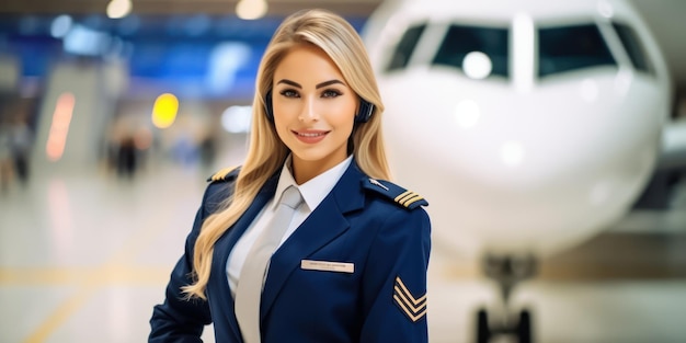 Woman in blue uniform is standing near the airplane Beautiful illustration picture Generative AI