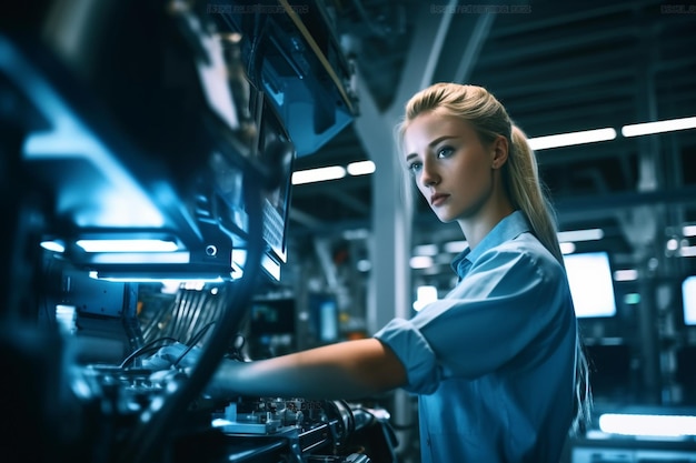 A woman in a blue uniform is working on a machine with the words " power " on the screen.