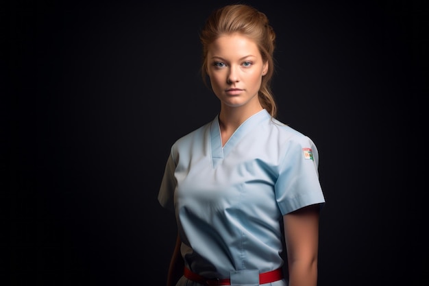 a woman in a blue uniform posing for the camera