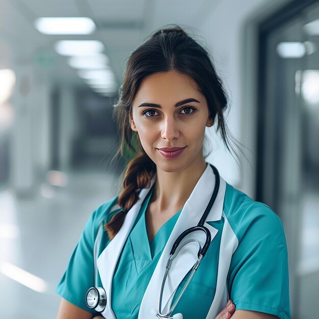 a woman in a blue uniform with a stethoscope on her neck