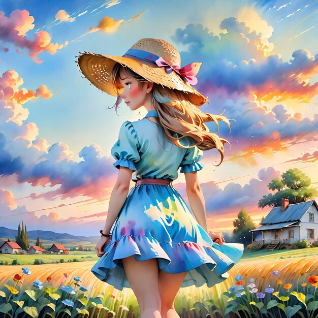 woman in a blue and white dress and hat stands in a flower fieldGenerative AI